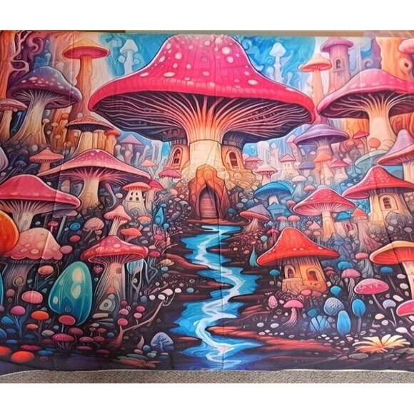 New Hidden Mushroom Village Tapestry Decor Wall Hanging Coverlet NIP Mushrooms - Picture 2 of 6